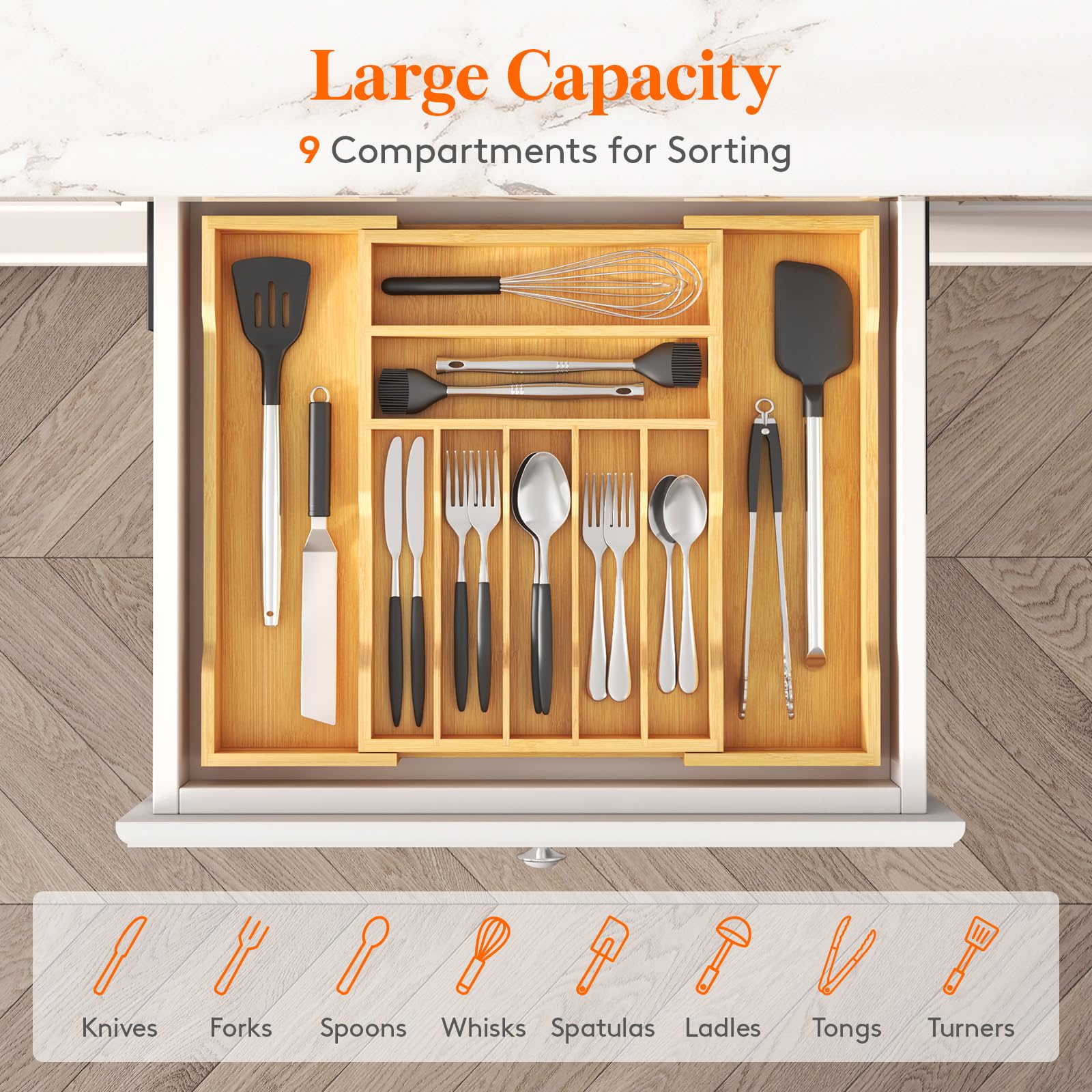 Lifewit silverware drawer organizer in use, showing organized utensils layout.