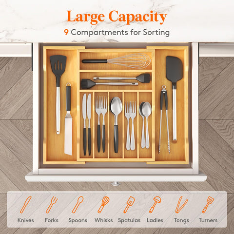 Lifewit silverware drawer organizer in use, showing organized utensils layout.