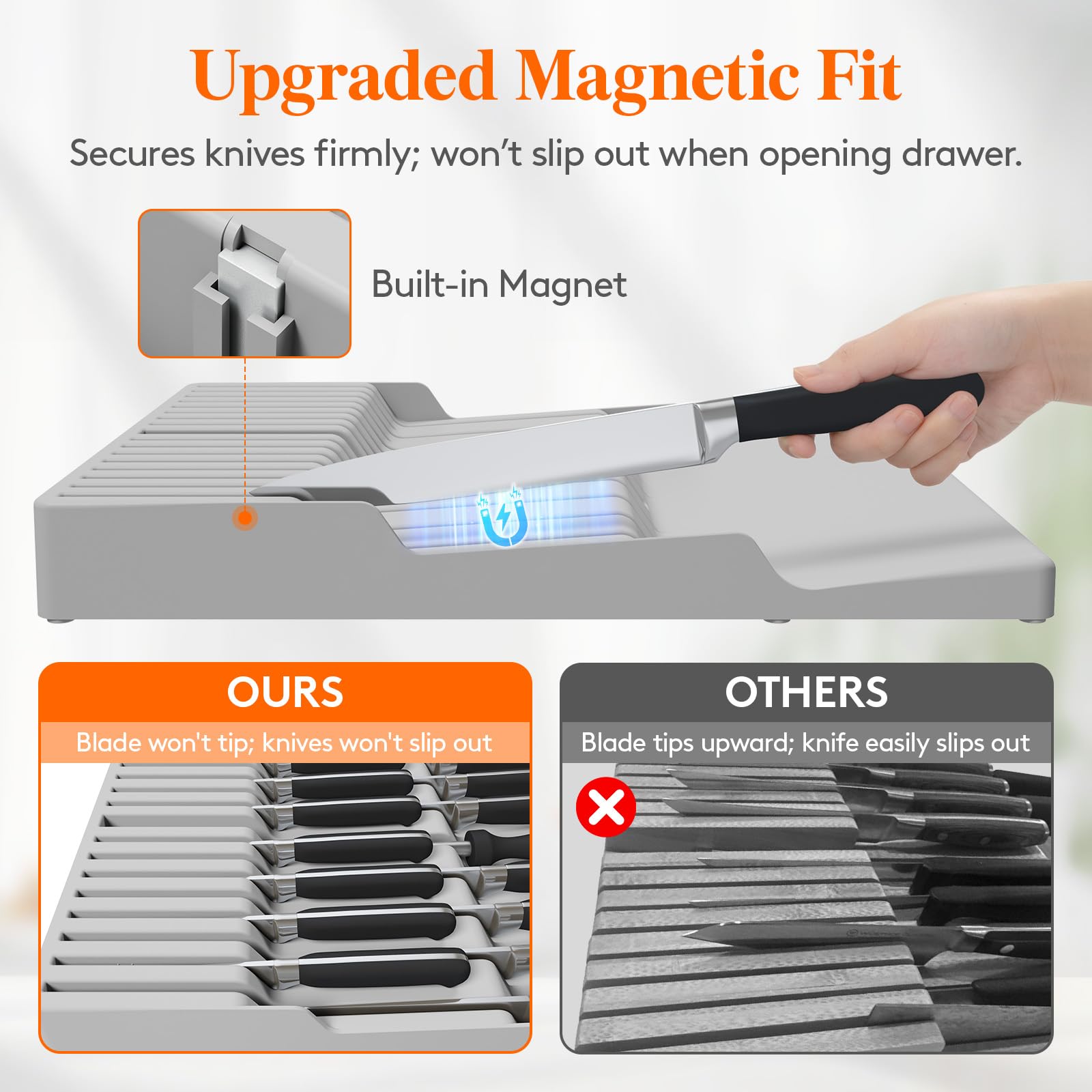 Lifewit knife slots with magnets for tidy blade retrieval.
