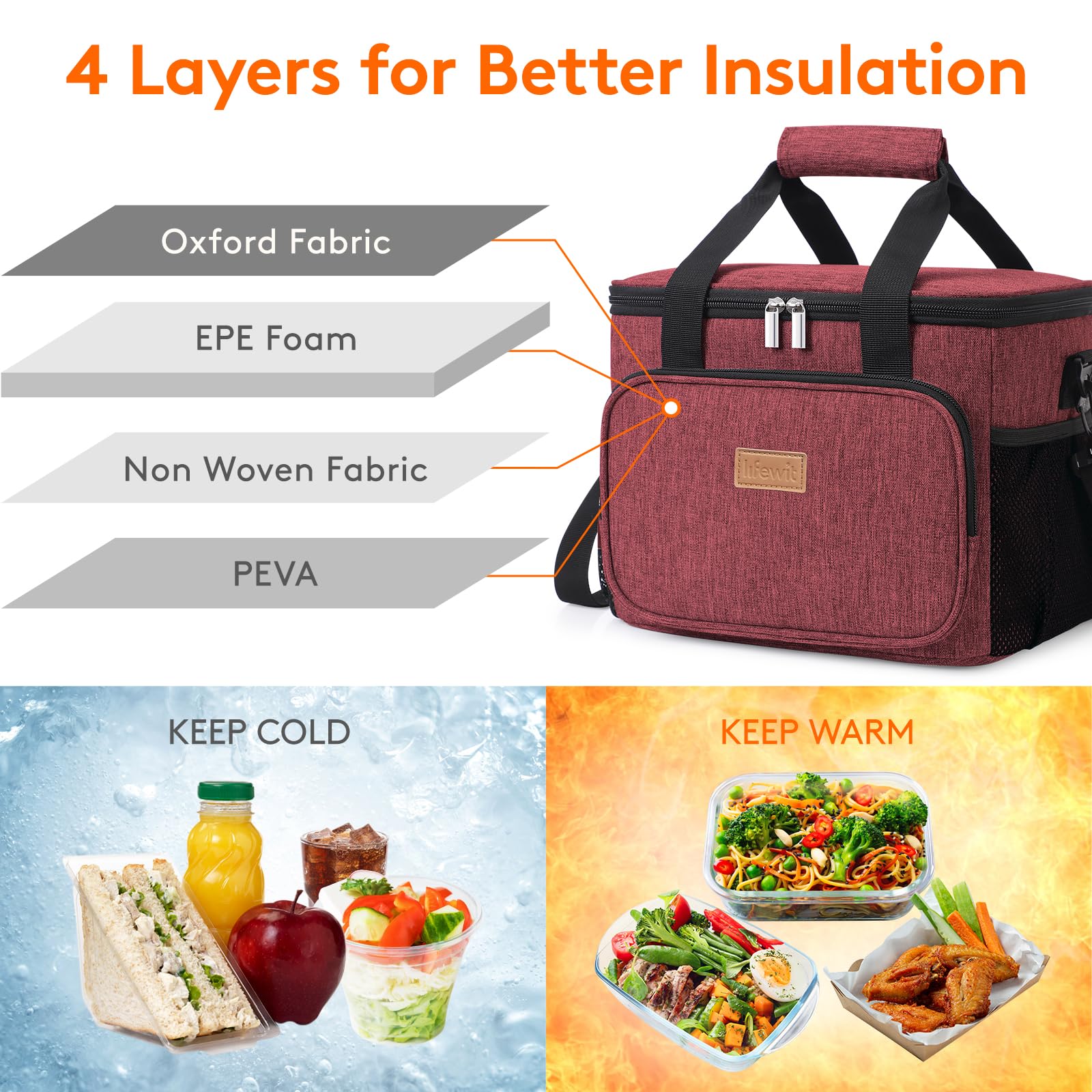Lifewit large lunch bag burgundy open lid for easy packing and access to containers