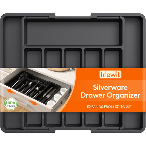 Lifewit large expandable drawer organizer extended width for easy utensil access.