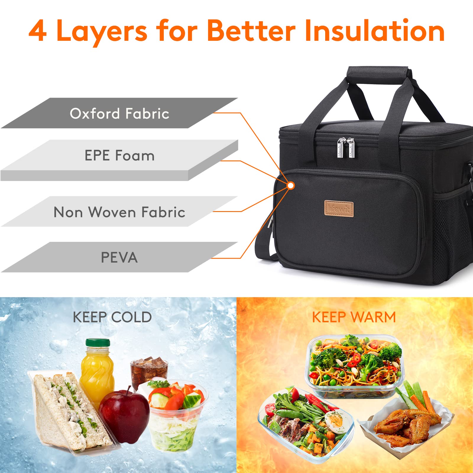 Lifewit large lunch bag showing 15L capacity for meals and drinks