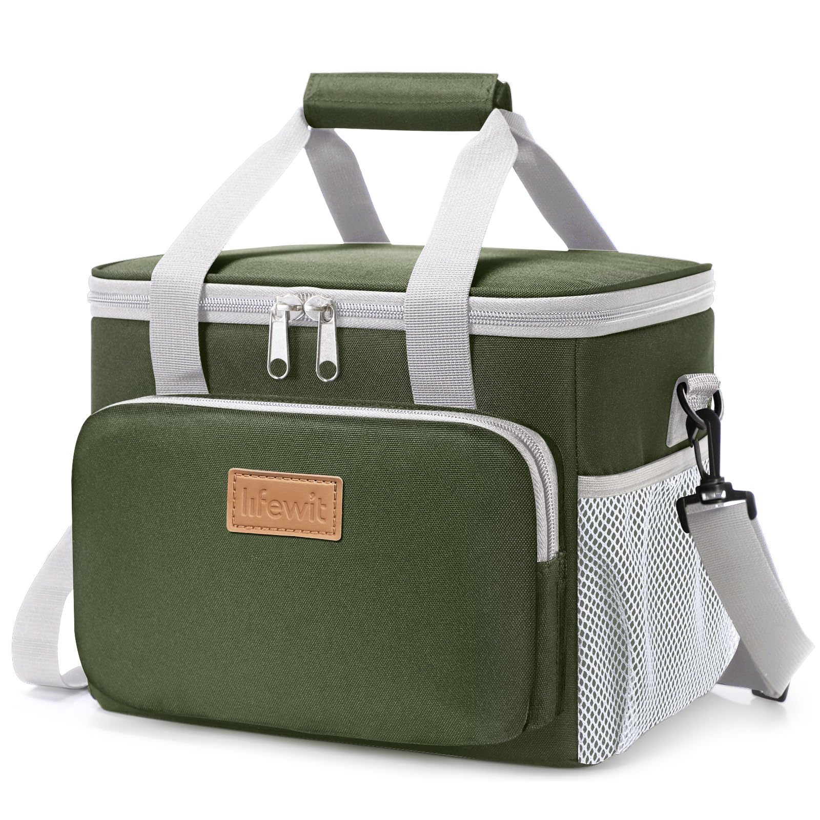 Lifewit insulated lunch bag front view in gray and green, ready for meals.