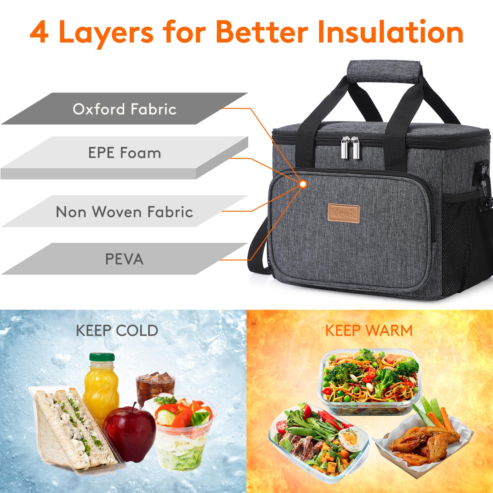 Lifewit insulated lunch bag interior highlights PEVA liner for food-safe cooling.