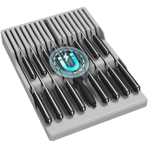 Lifewit magnetic drawer knife organizer inside drawer showing blade security.