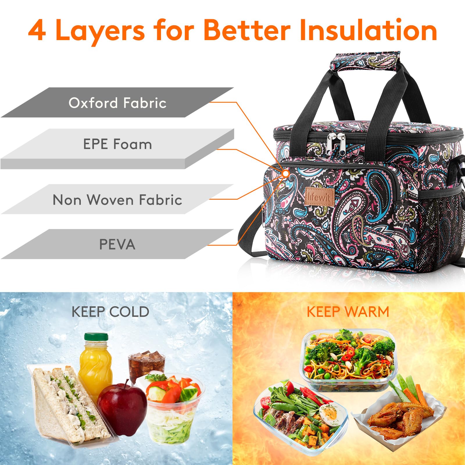 Lifewit Paisley lunch bag open lid for easy packing access
