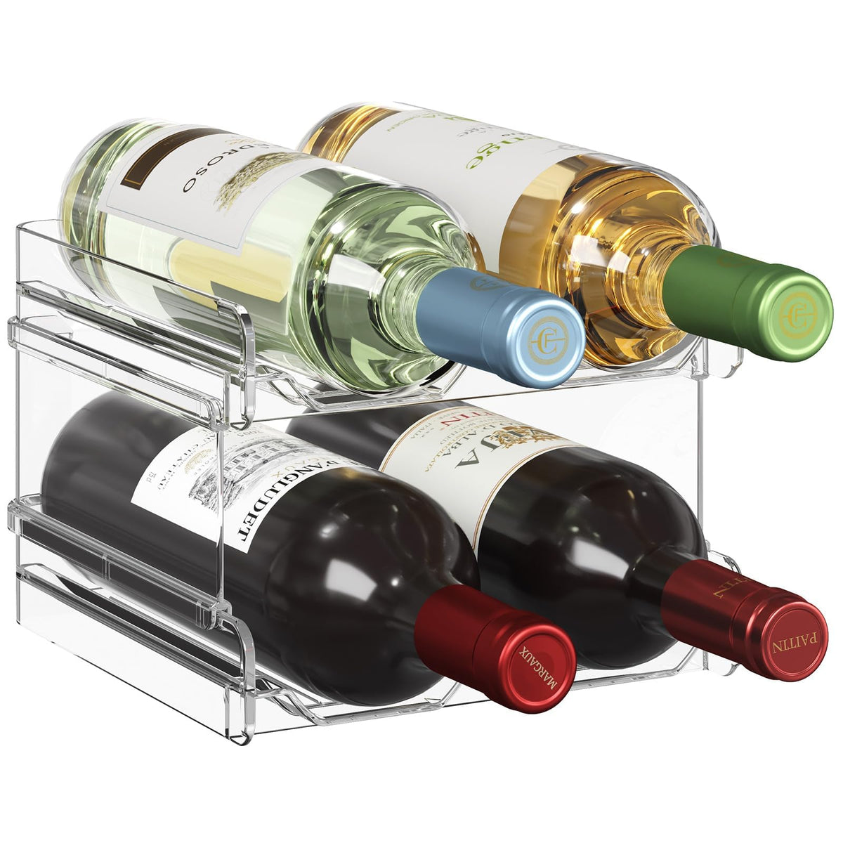Lifewit stackable wine rack in fridge keeps bottles organized and accessible.