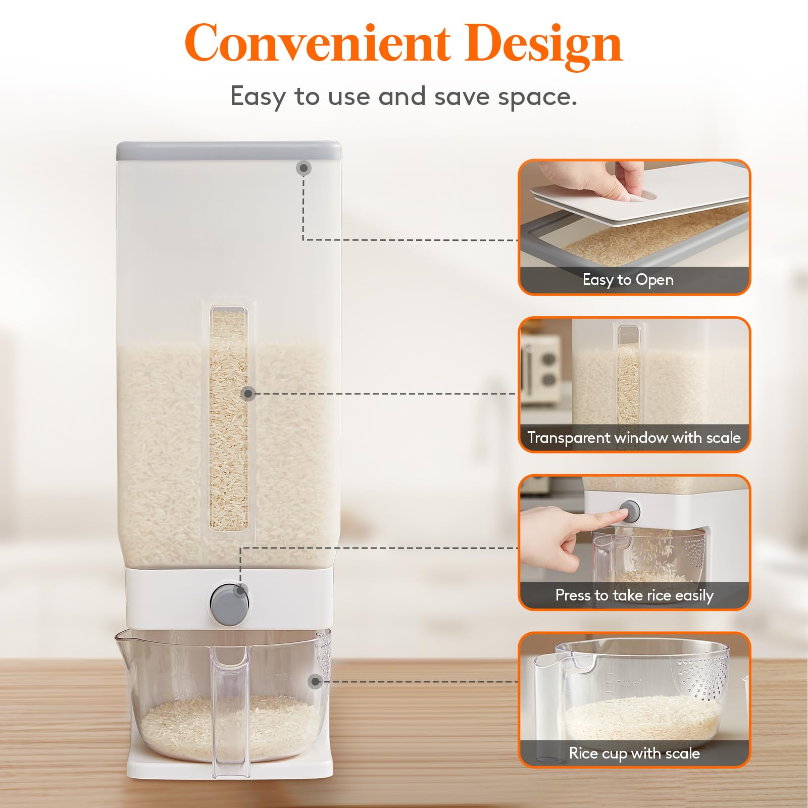 Lifewit measuring cup beside the dispenser shows clear, accurate rice portions.