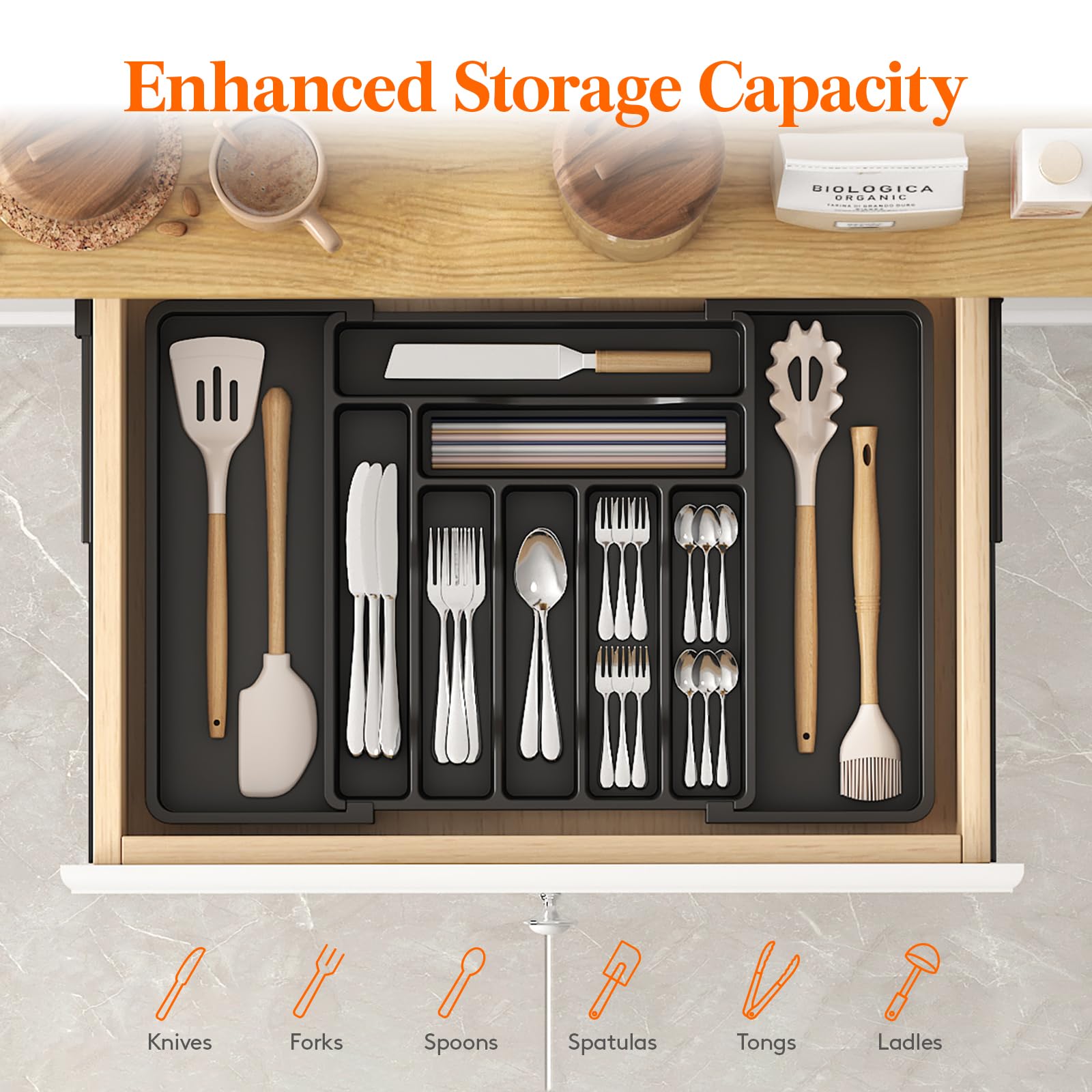 Lifewit silverware drawer folded illustrates compact mode for smaller drawers and quick organization.