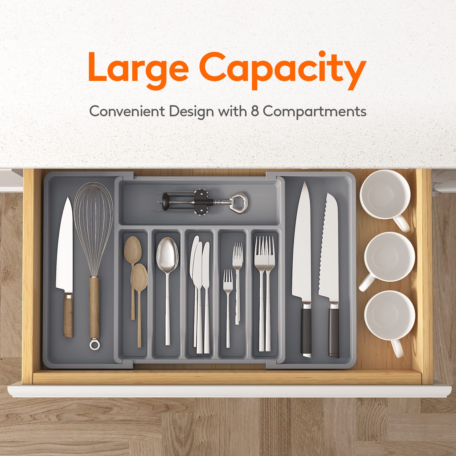 Lifewit expanded length shows full capacity for spoons, forks, and knives in one tray.
