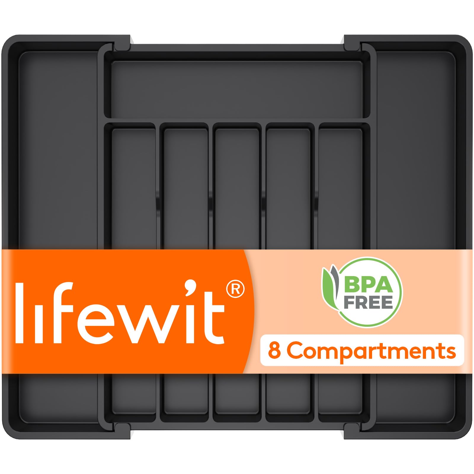 Lifewit silverware drawer organizer extended showing spacious compartments and accessibility