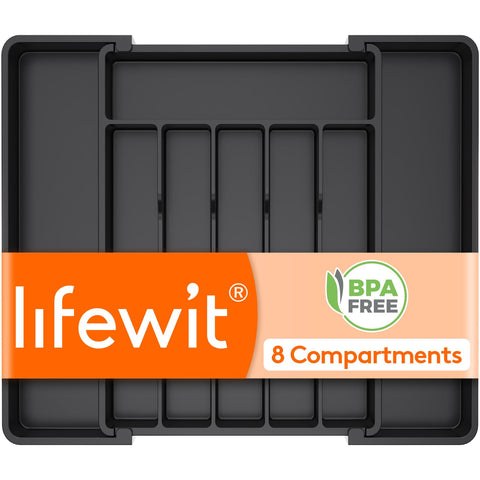 Lifewit silverware drawer organizer extended showing spacious compartments and accessibility