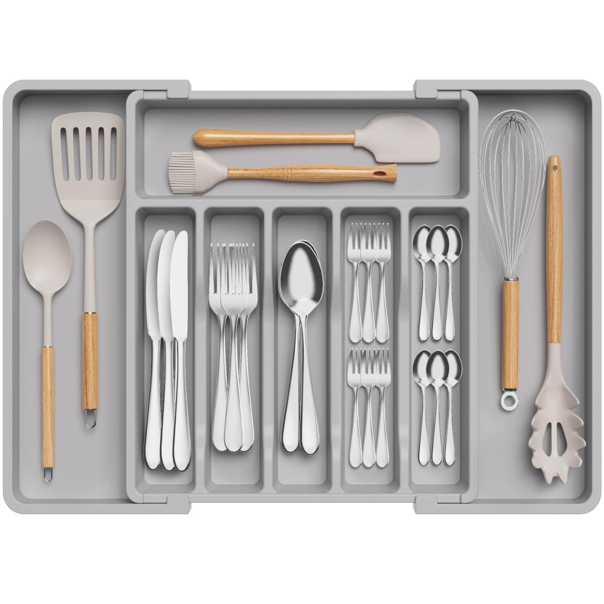 Lifewit silverware drawer organizer in folded width keeps utensils neatly organized in compact drawers.