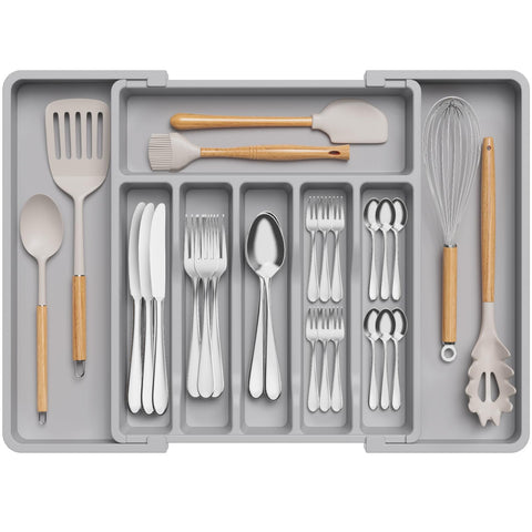 Lifewit silverware drawer organizer in folded width keeps utensils neatly organized in compact drawers.