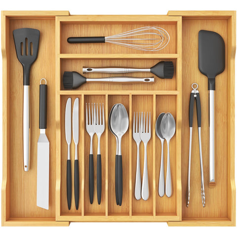 Lifewit silverware drawer organizer fully expanded to fit wide drawers, increasing capacity.