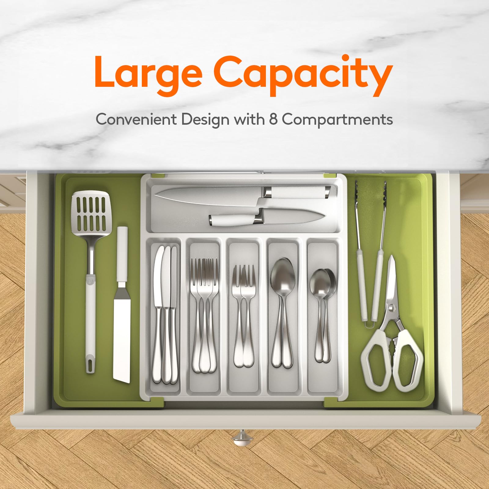 Lifewit silverware drawer organizer right panel expanded for extra storage.