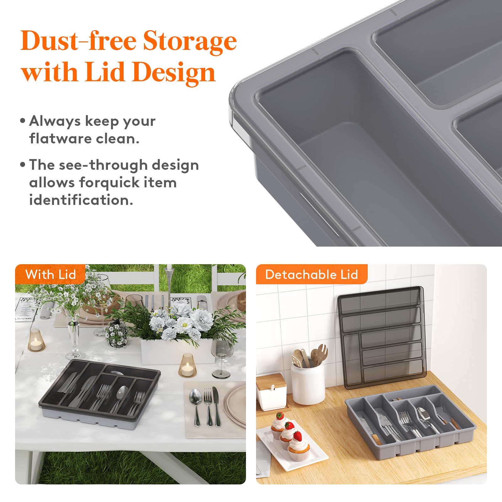 Lifewit 6-compartment tray sorts spoons, forks, knives for easy access.