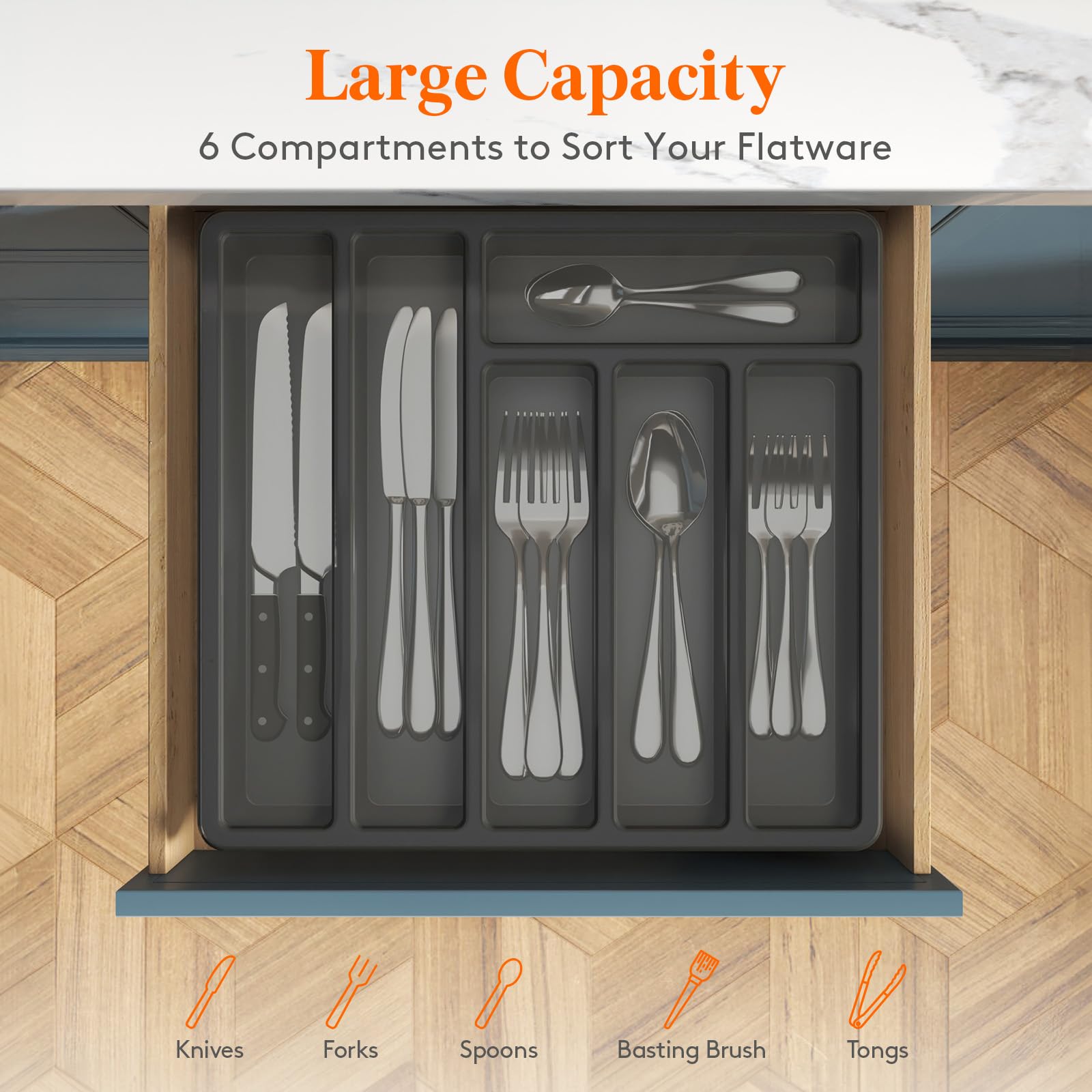 Lifewit drawer-fit silverware organizer in a kitchen drawer.