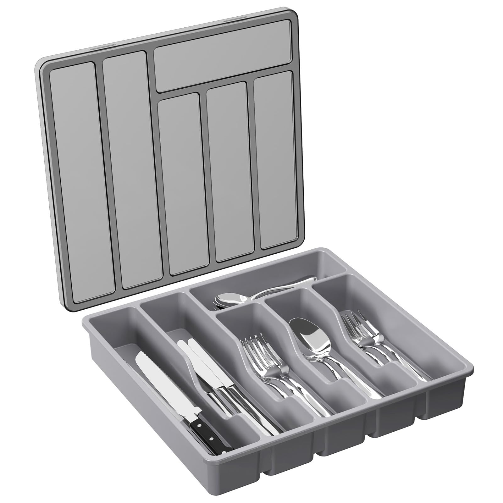 Lifewit silverware organizer with lid keeps utensils dust-free in drawers or on countertops.