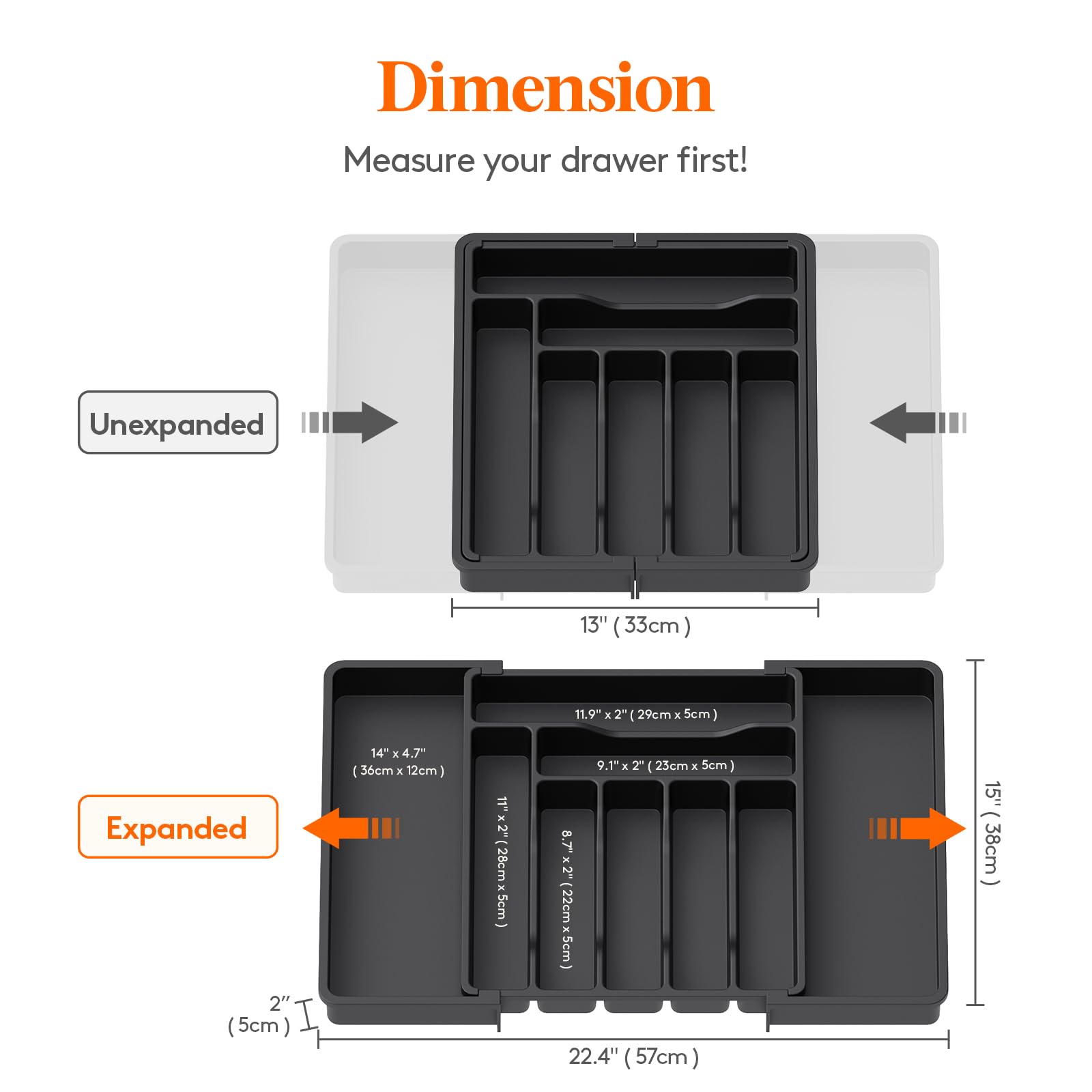 Lifewit silverware tray compartments open highlights seven to nine sections for utensils and tools.