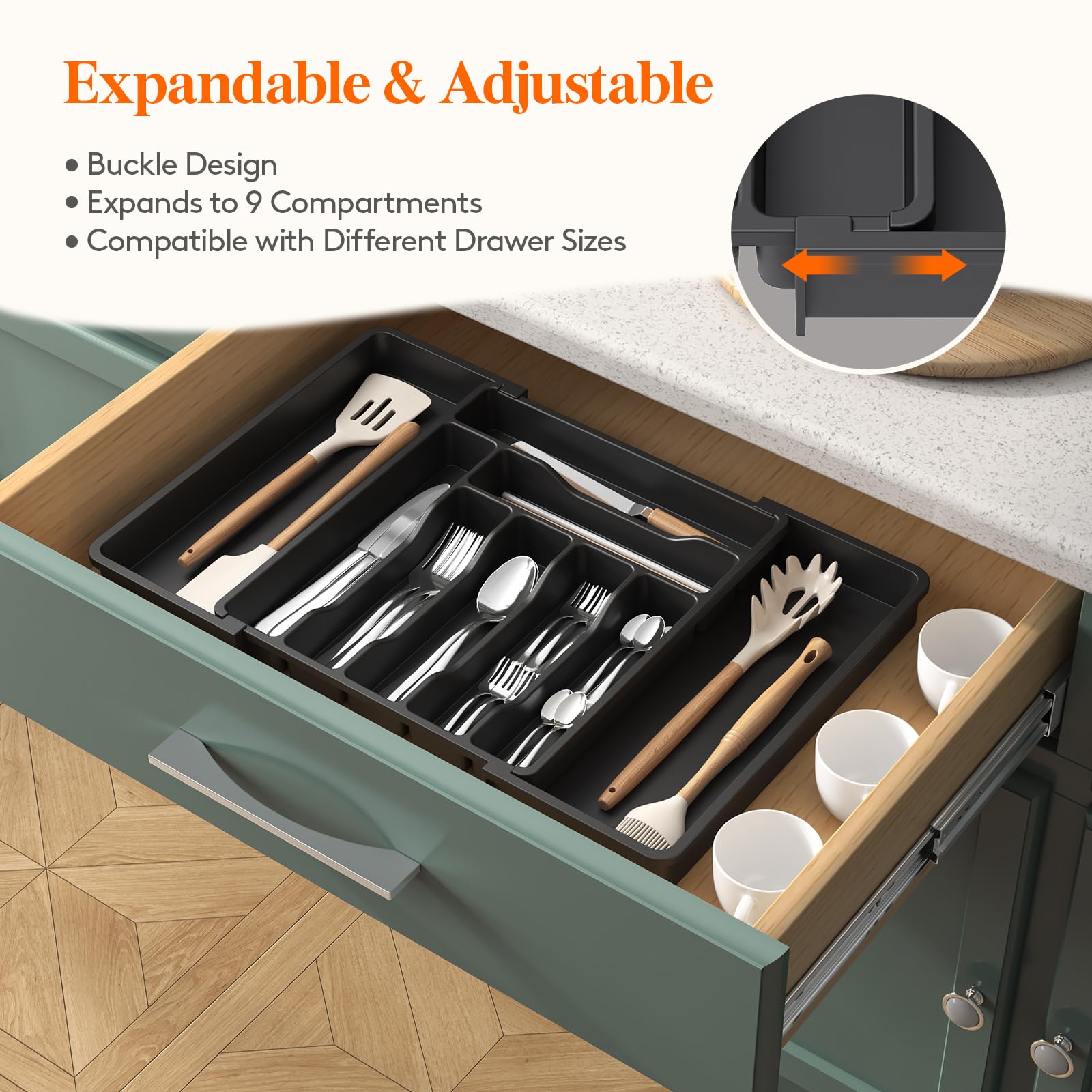 Lifewit silverware tray expandable buckles show smooth adjustment and secure partitioning.