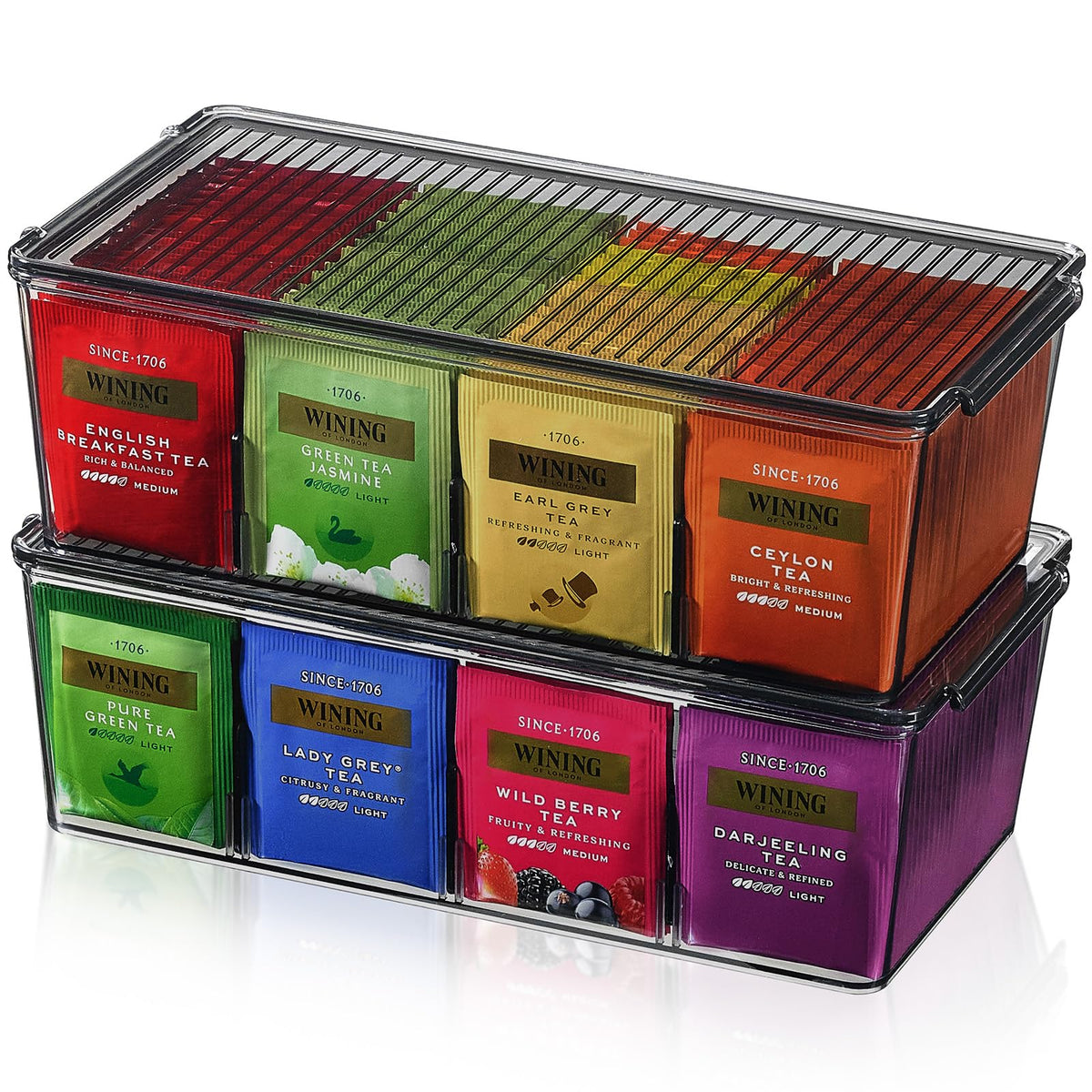 Lifewit tea bag organizer with eight compartments keeps tea bags neatly organized.