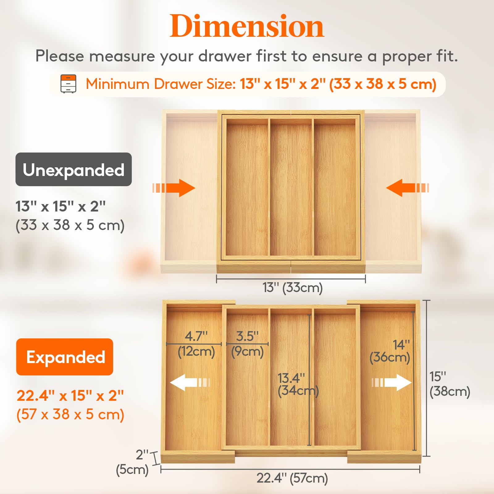 Lifewit utensil organizer shows 3-5 slot expandable design for flexible drawer storage.