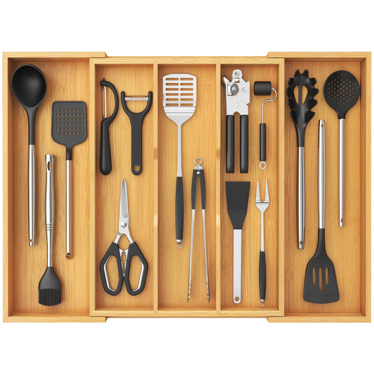 Lifewit bamboo utensil organizer for the drawer keeps spatulas neatly in reach.