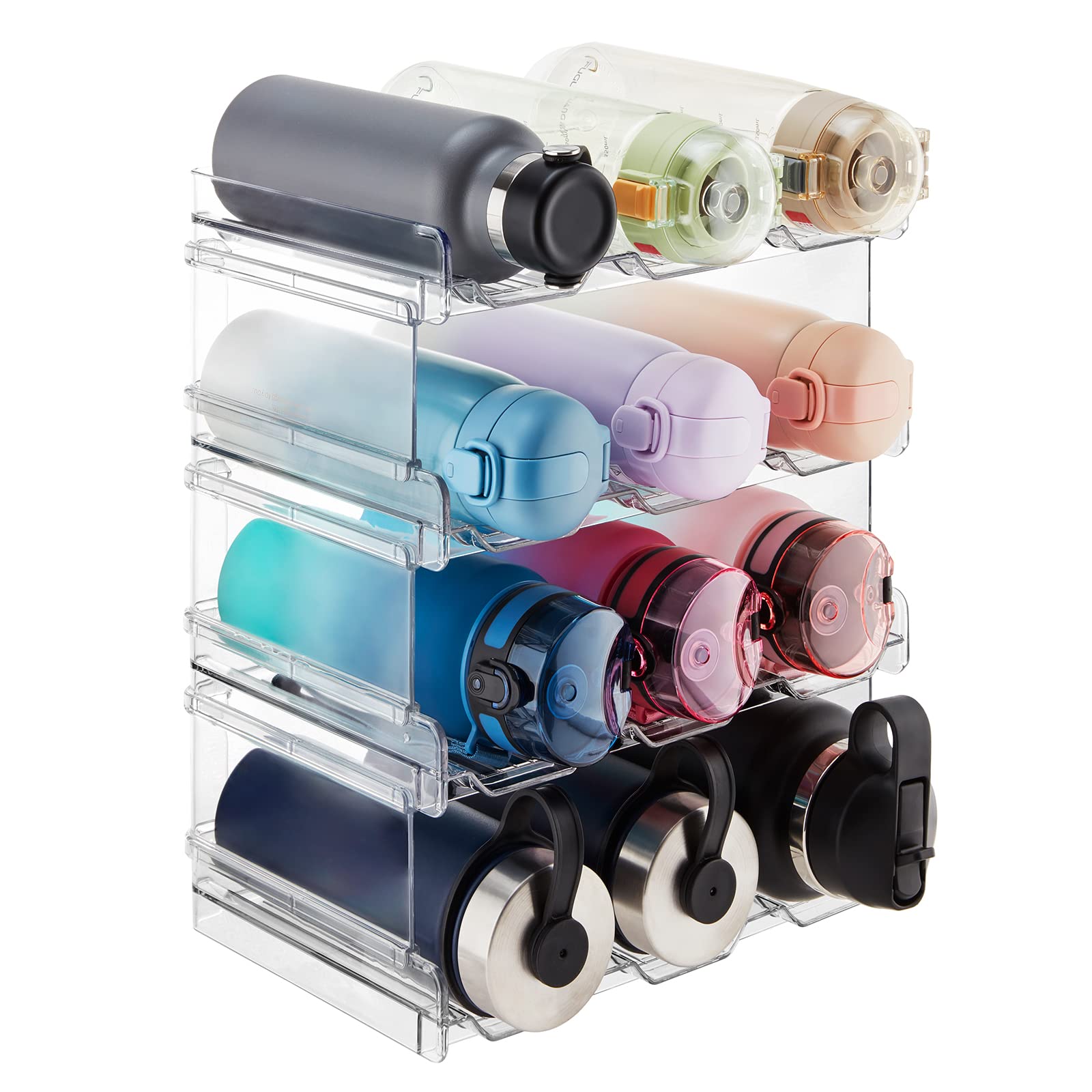 Lifewit Water Bottle Organizer 4-pack on a pantry shelf keeps bottles upright and accessible