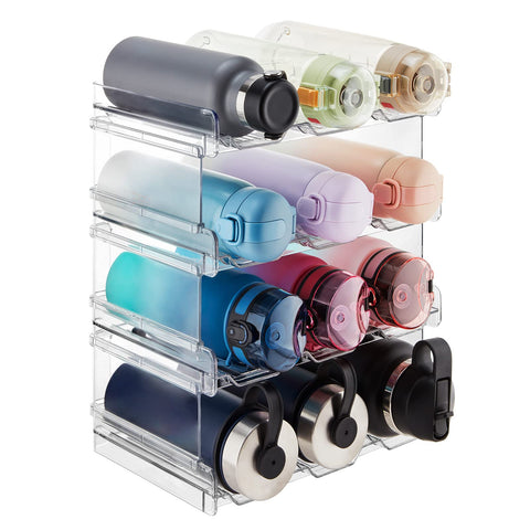 Lifewit Water Bottle Organizer 4-pack on a pantry shelf keeps bottles upright and accessible