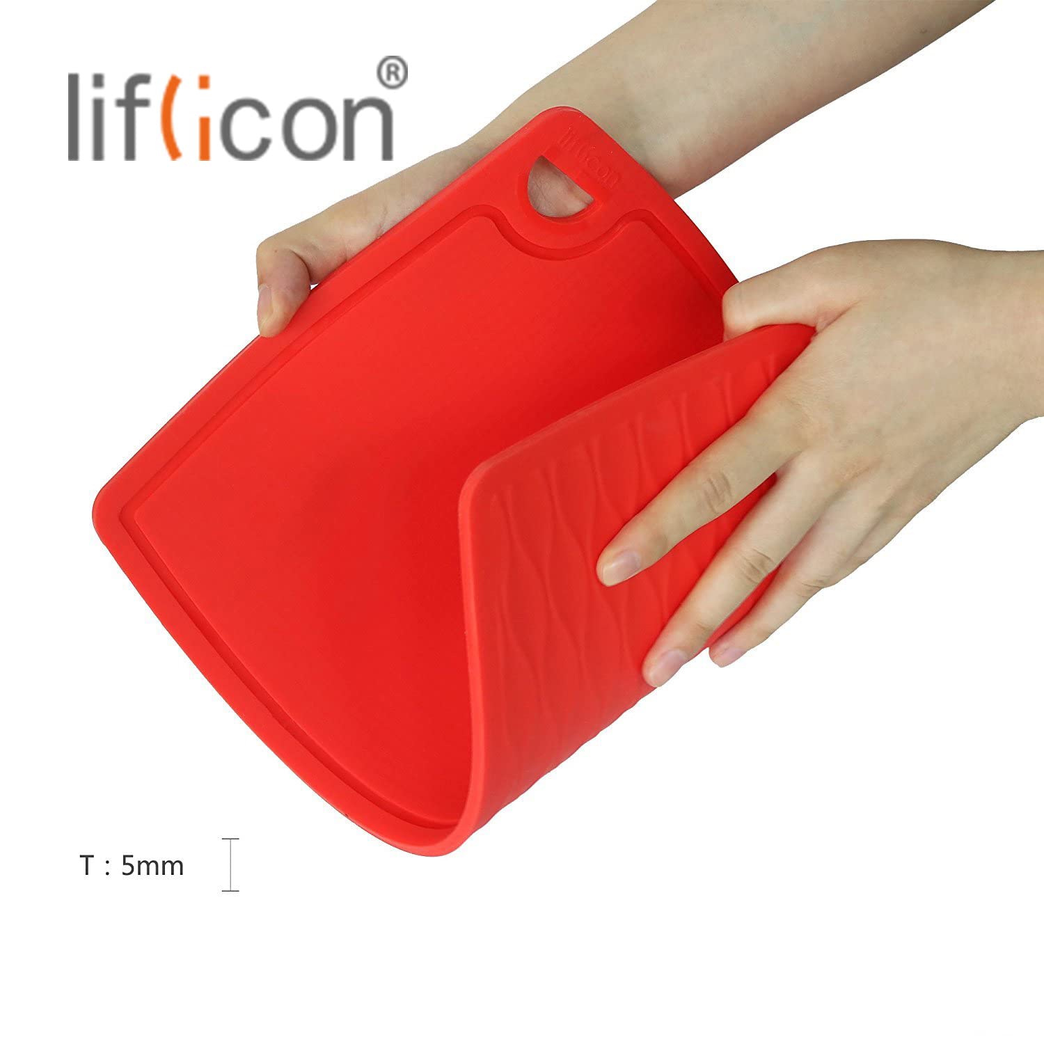 Liflicon red cutting board withstands heat for versatile kitchen tasks.