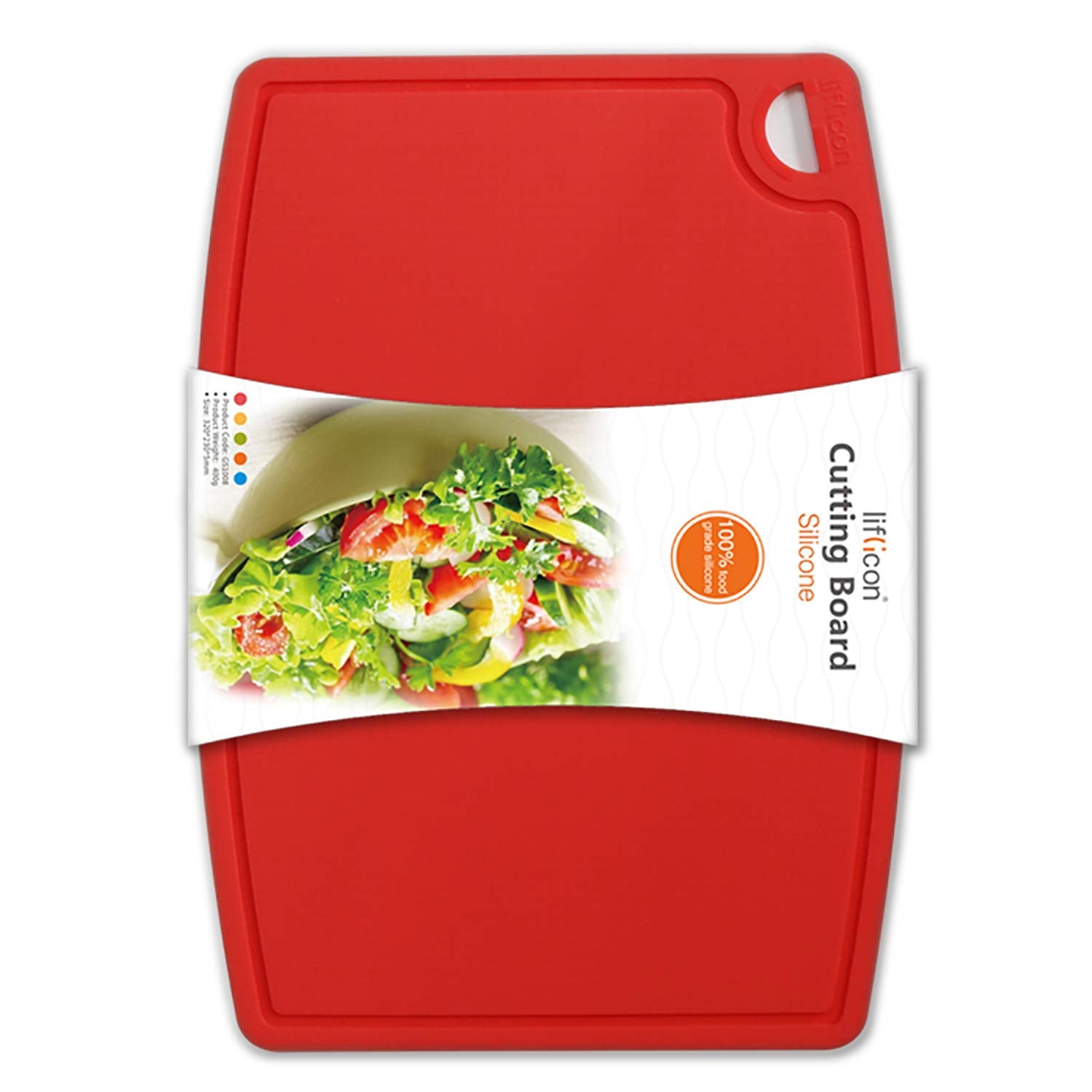 Liflicon thick silicone cutting board with juice grooves for easy juice collection.