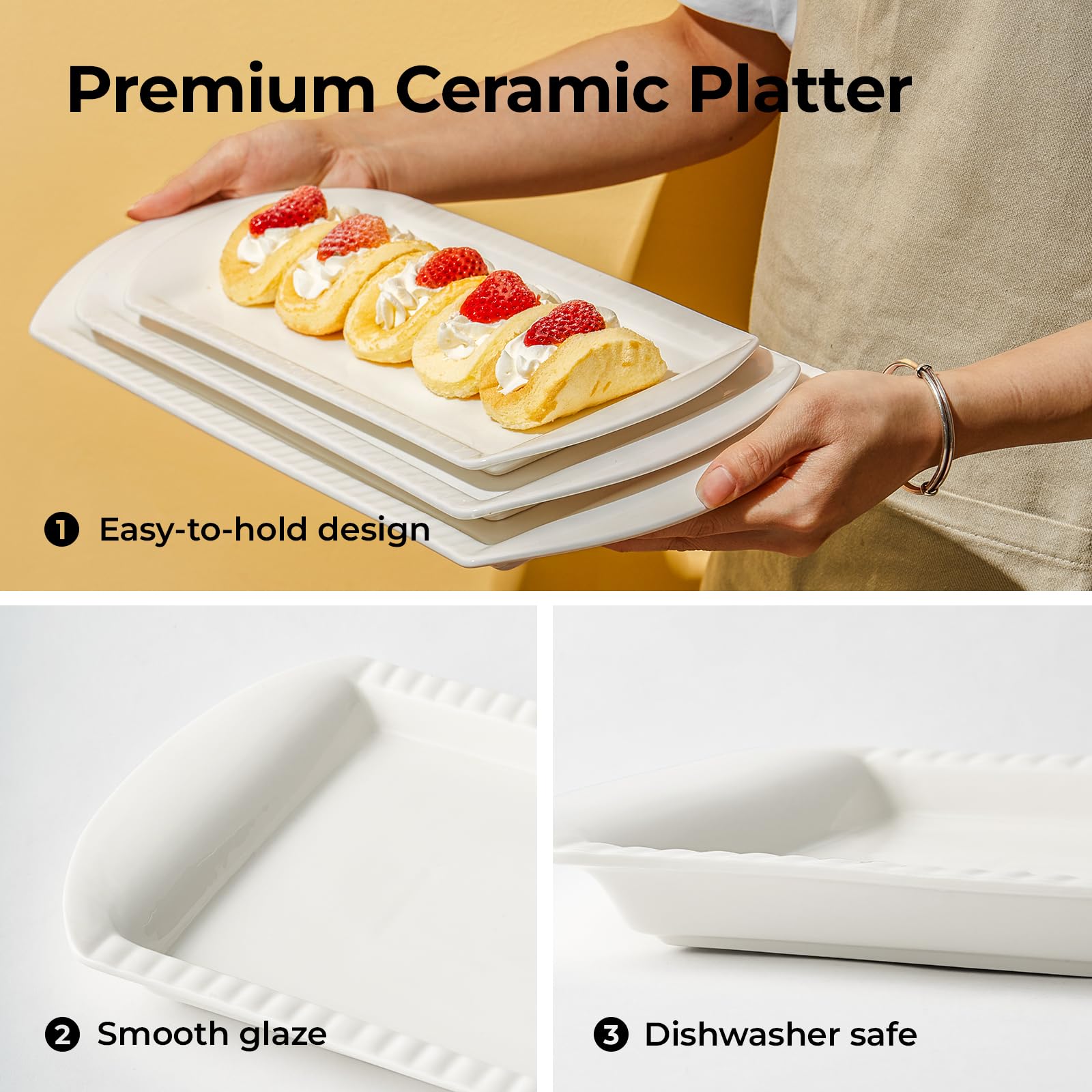 LIFVER porcelain rectangle dish with embossed edge for tidy, spill-safe serving.