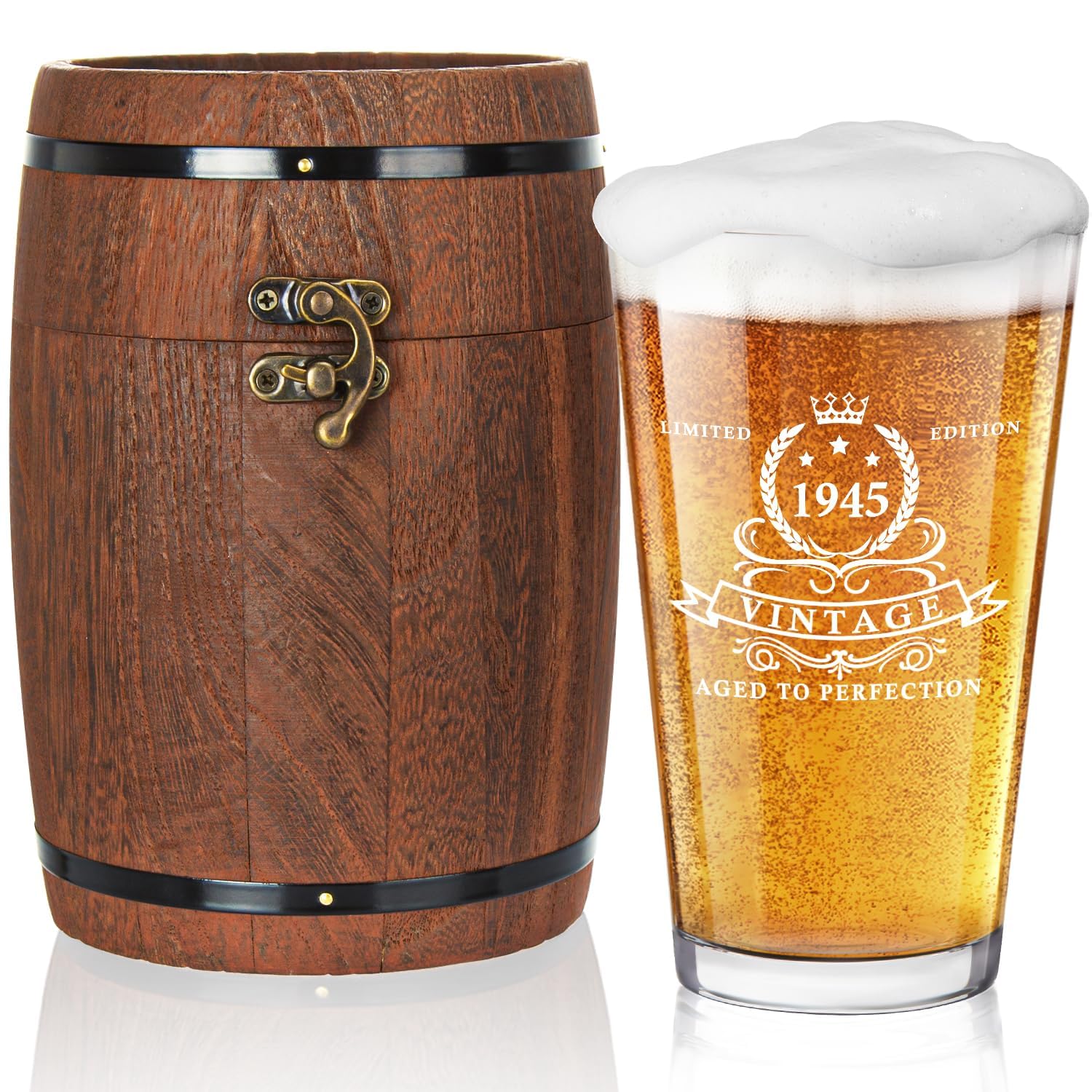LIGHTEN LIFE 1945 beer glass inside a wooden barrel box for a premium gift moment