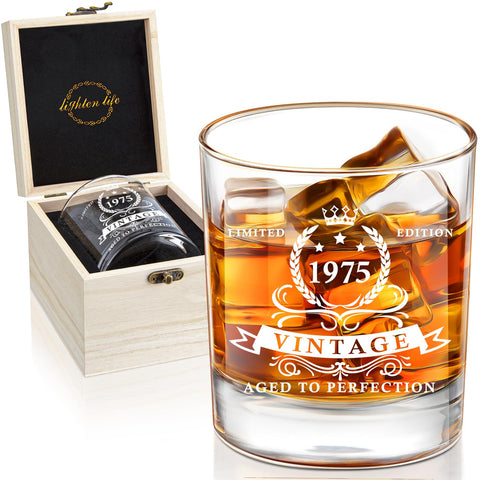 LIGHTEN LIFE 1975 whiskey glass with wooden box—perfect keepsake for milestone celebrations.