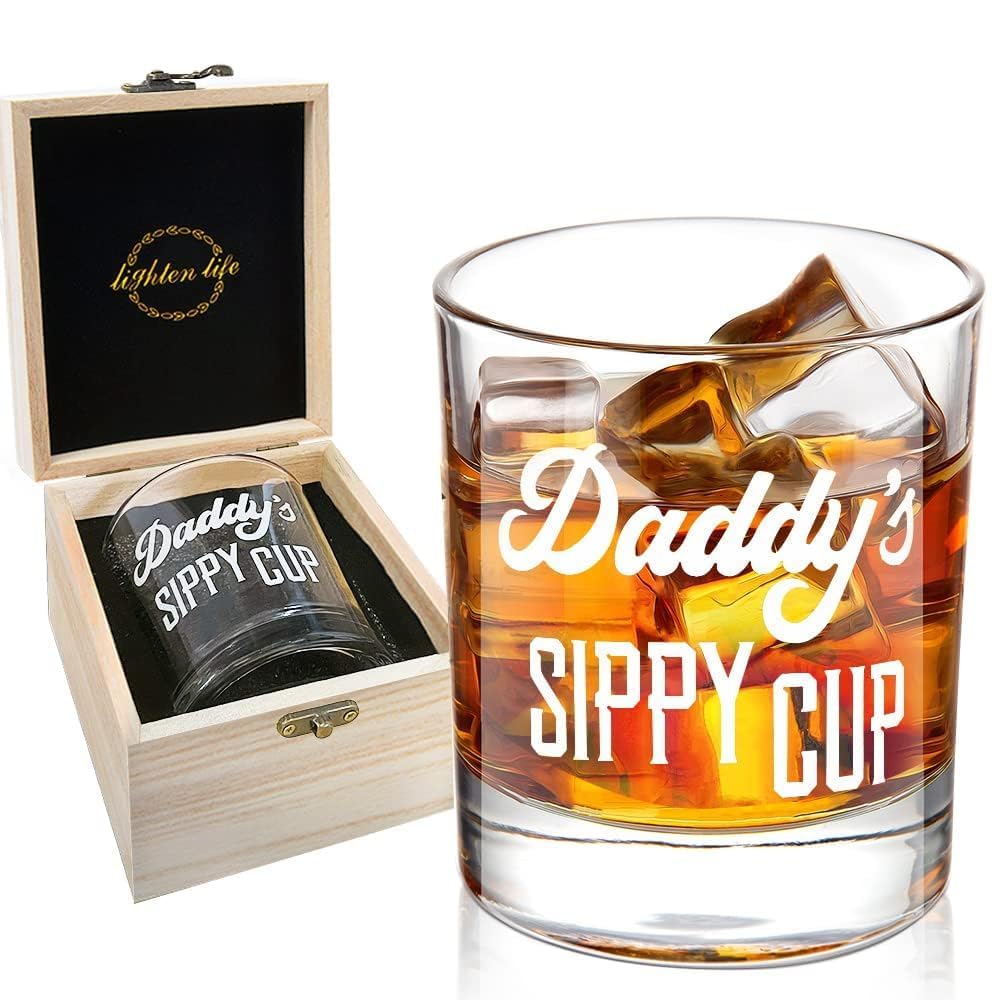 LIGHTEN LIFE Daddy's Sippy Cup whiskey glass 12 oz in wooden gift box, ideal for gifting