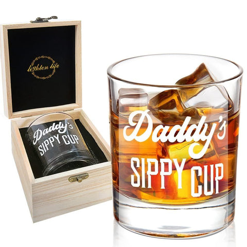 LIGHTEN LIFE Daddy's Sippy Cup whiskey glass 12 oz in wooden gift box, ideal for gifting