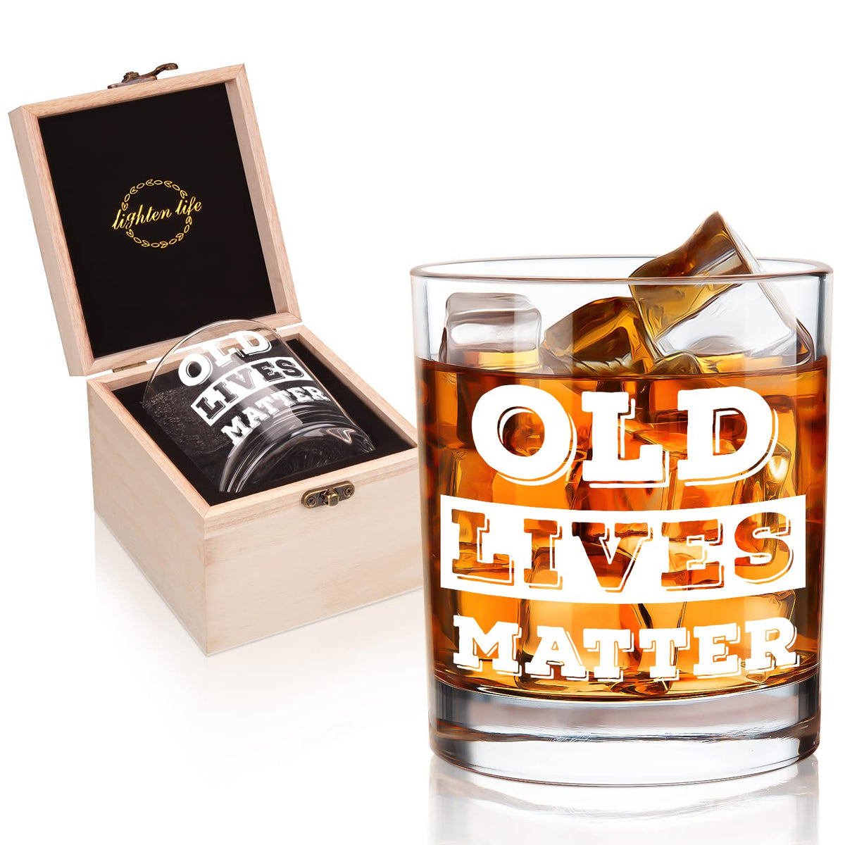 LIGHTEN LIFE Old Lives Matter whiskey glass with wooden box, ideal for retirement gifts.