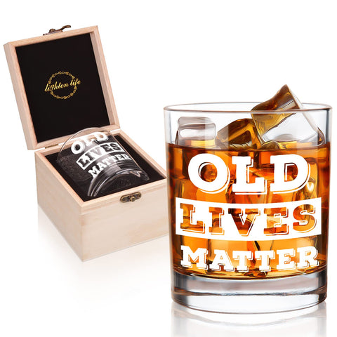 LIGHTEN LIFE Old Lives Matter whiskey glass with wooden box, ideal for retirement gifts.