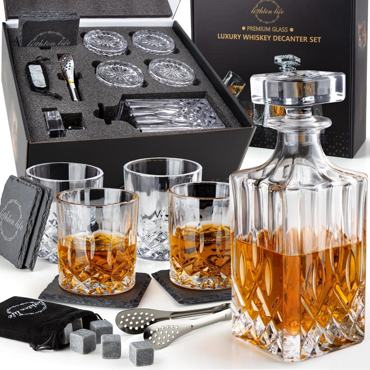 Lighten Life whiskey decanter set with crystal clarity for elegant home entertaining