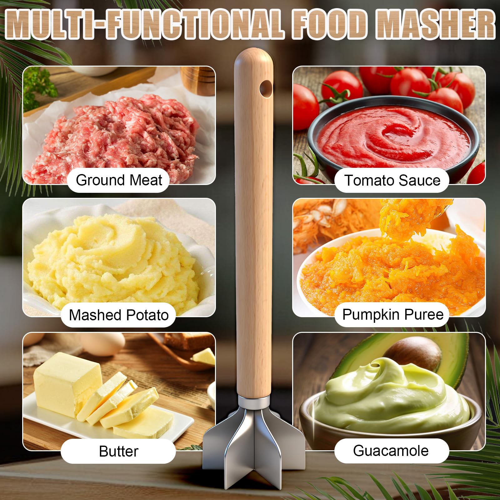 Lignumix in-use image demonstrates potato mashing with ergonomic grip