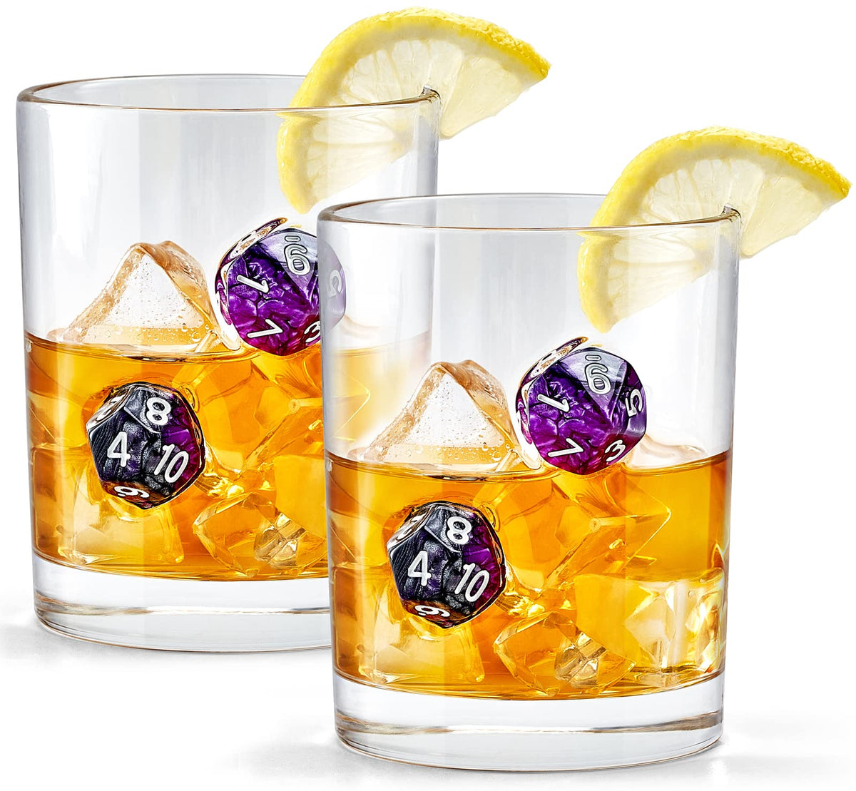 LIIGEMI Old Fashioned Glass with purple dice enhances stylish cocktails.