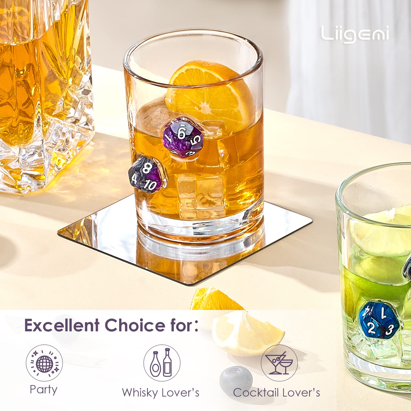 LIIGEMI handmade glass elevates home bar with unique dice detail.