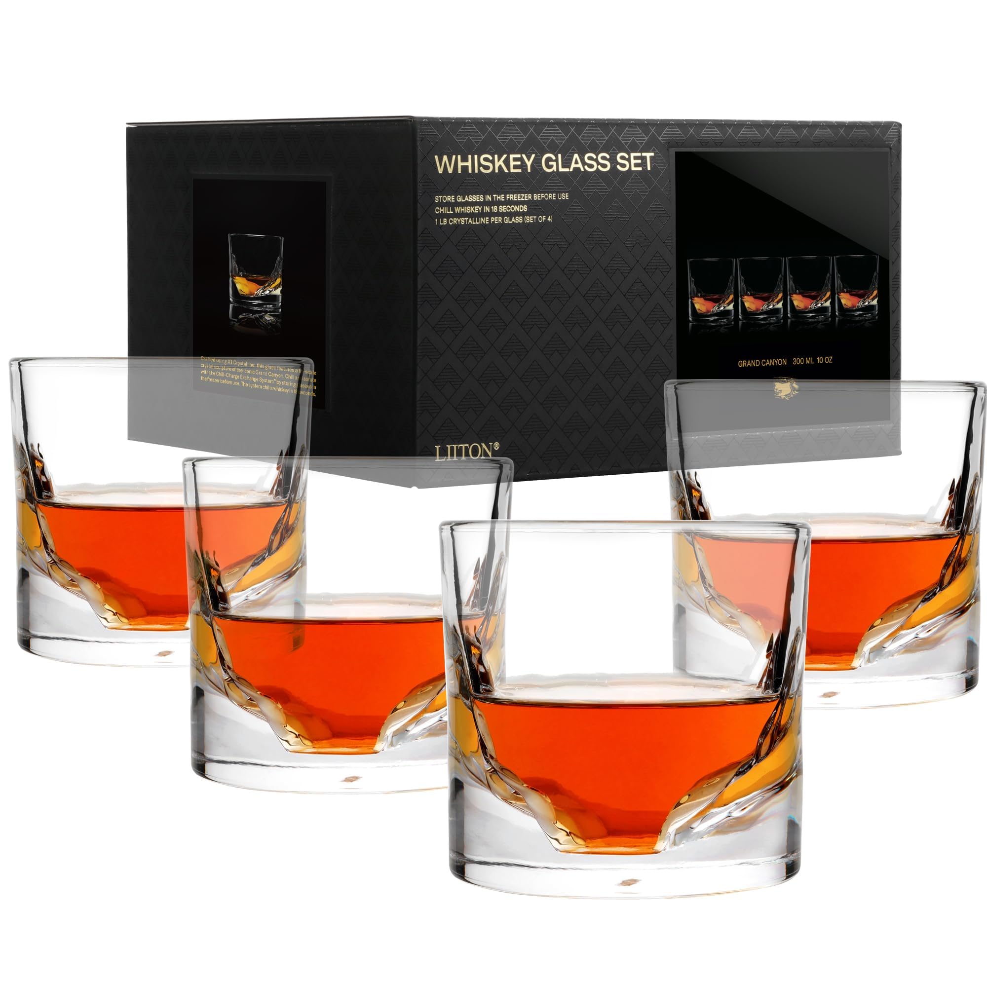 LIITON Grand Canyon heavy crystal whiskey glass set in a 4-pack for refined sipping.