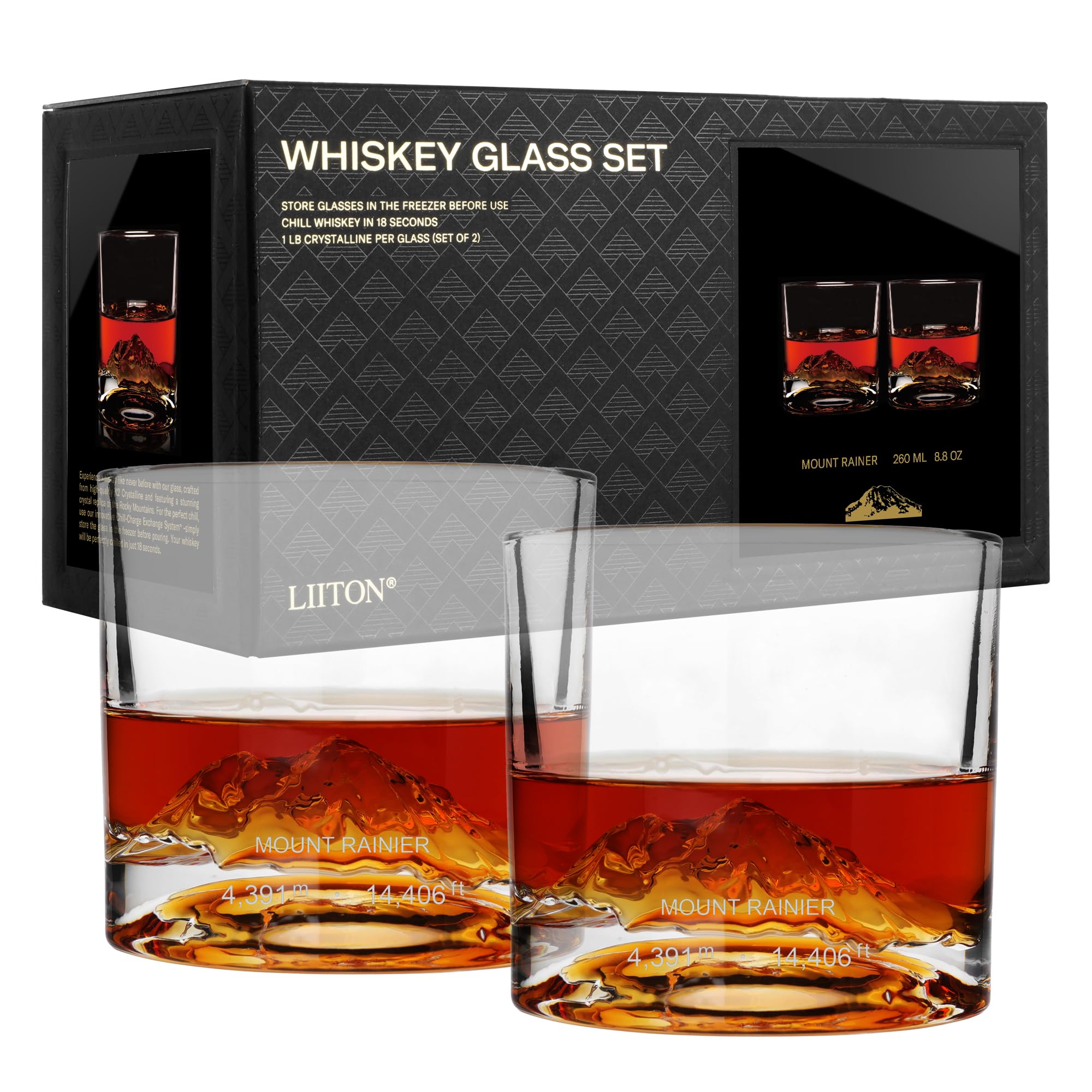 LIITON Mount Rainier glass with 3D replica highlighting rugged crystal craftsmanship.
