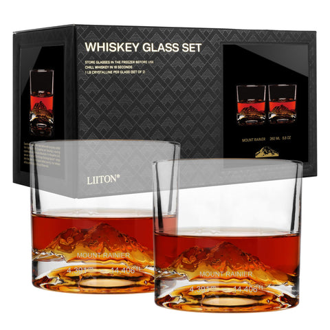 LIITON Mount Rainier glass with 3D replica highlighting rugged crystal craftsmanship.