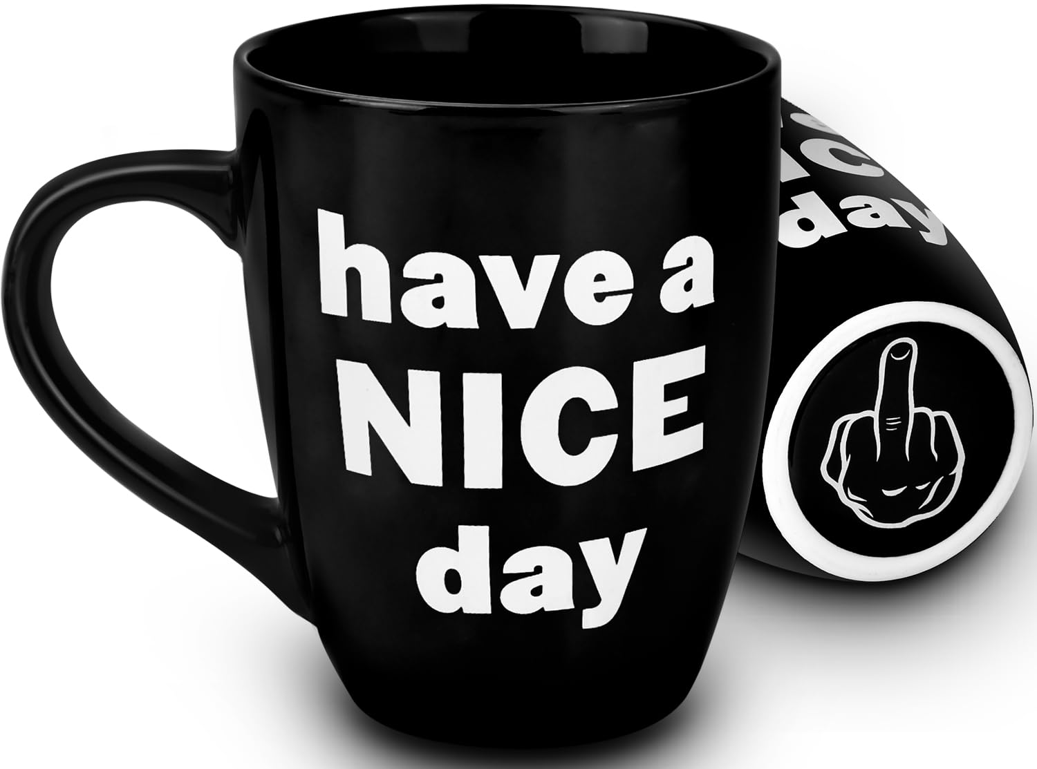Likeny white elephant mug front view, 13oz capacity for coffee or tea.