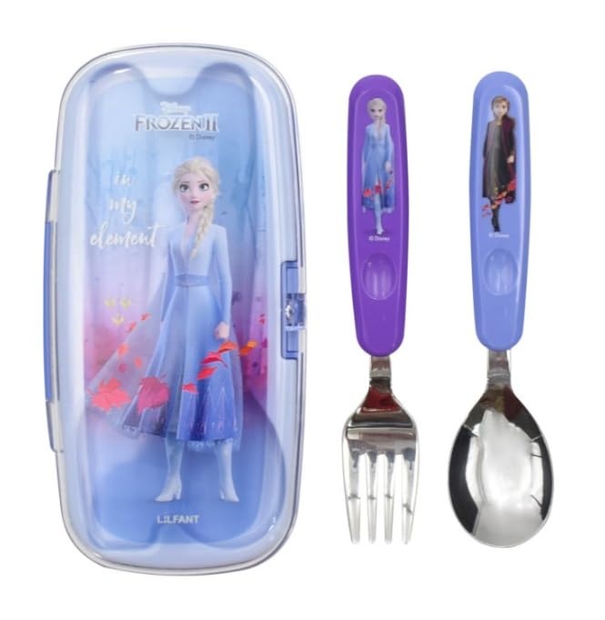 Lilfant Frozen Elsa flatware set in case, front view for kid-friendly dining