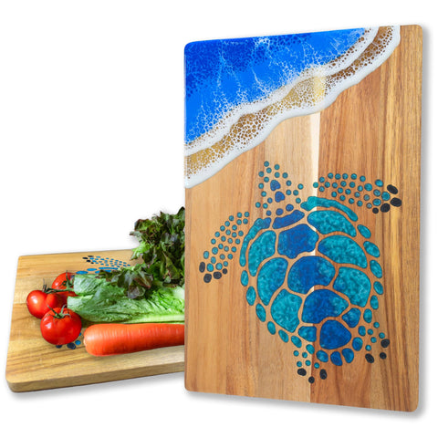 LILKUISYN Acacia cutting board with blue resin wave and sea turtle for stylish meal prep.