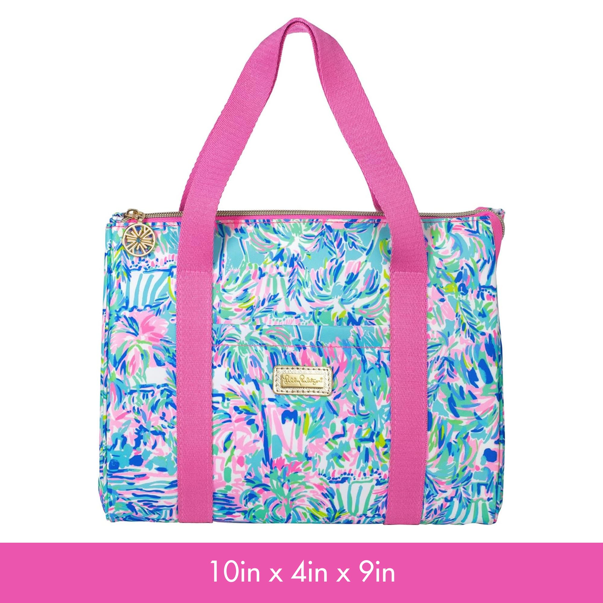 Lilly Pulitzer lunch tote with zip closure secures contents during travel.
